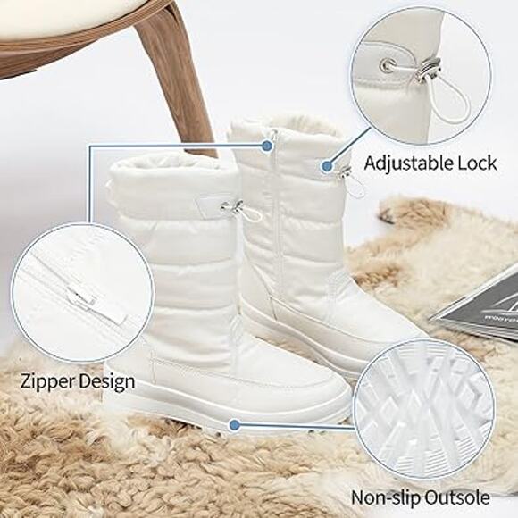 Hypocrute Womens SIze 9.5 White Nylon Mid Calf Faux Fur Lined Winter Snow Boots - Picture 4 of 7